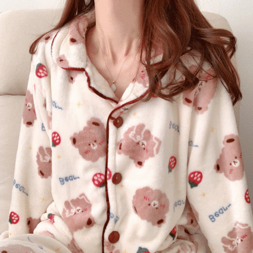 [무배] 부끄곰돌이 곰 극세사 수면 잠옷 파자마 투피스 홈웨어