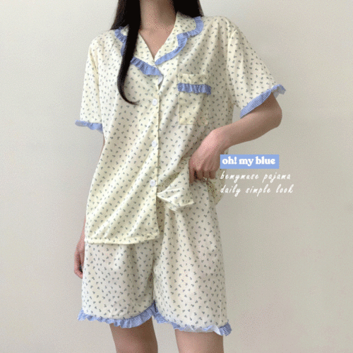 [무배] 오마이 러블리 프릴 홈웨어 카라 투피스 파자마 플라워 잠옷 3color