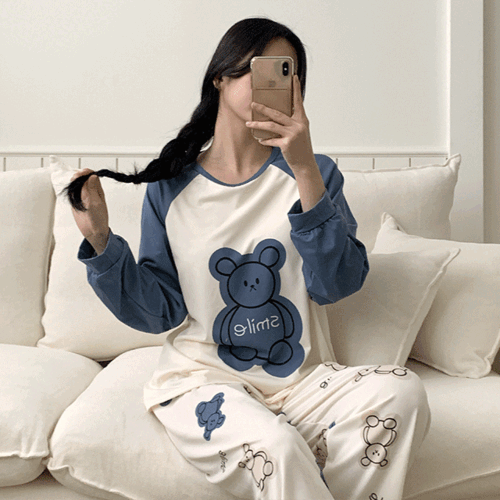 [캡내장] 블루베어 티셔츠 체크 잠옷 세트 나그랑 긴팔 파자마 홈웨어