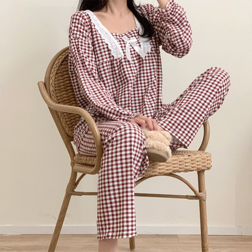 [무배] 잼잼 잔체크 리본 투피스 홈웨어 파자마 잠옷 2color