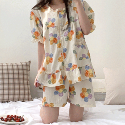 [무배] 무지개꽃 리본 반팔 홈웨어 레이스 여름 파자마 투피스 잠옷