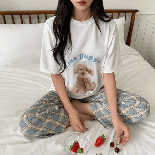 [무배] 미니펫 오버핏 반팔 남녀공용 여름 체크바지 커플 파자마 세트 잠옷