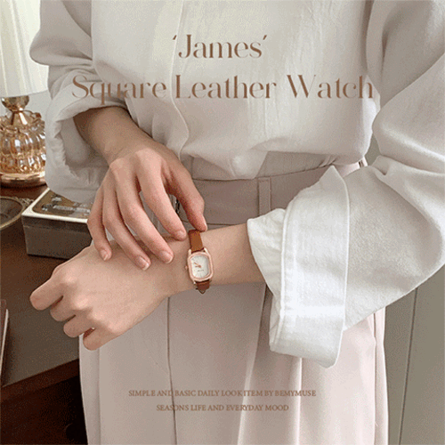 [무배] 제임스 스퀘어 로즈골드 심플 캐주얼 슬림 가죽 손목 시계 4color