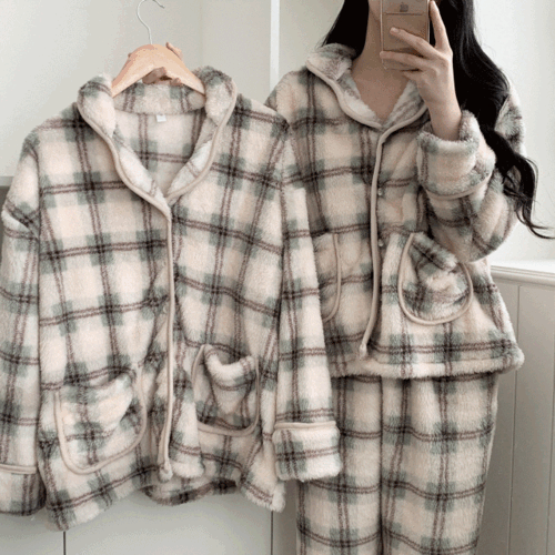 [2size/무배] 앤조이 체크 소프트 극세사 겨울 수면 커플템 홈웨어 파자마 세트 잠옷