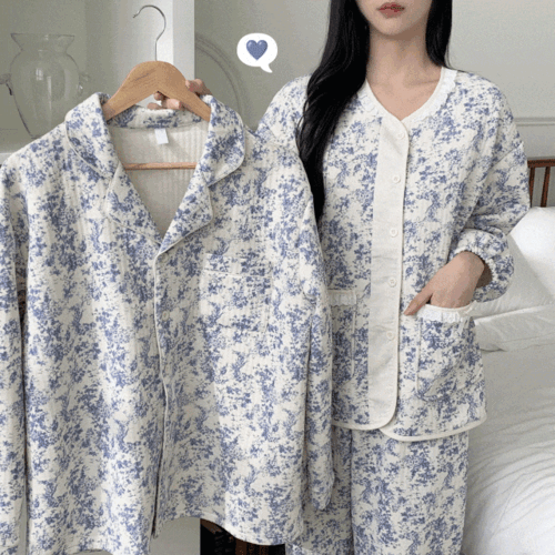 [커플템/무배] 플럼 누빔 순면 나염 포근 홈웨어 집순이 파자마 세트 잠옷