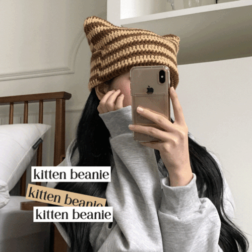 [무배] 키튼 고양이귀 스트라이프 패션 모자 y2k 키치 니트 비니 3color